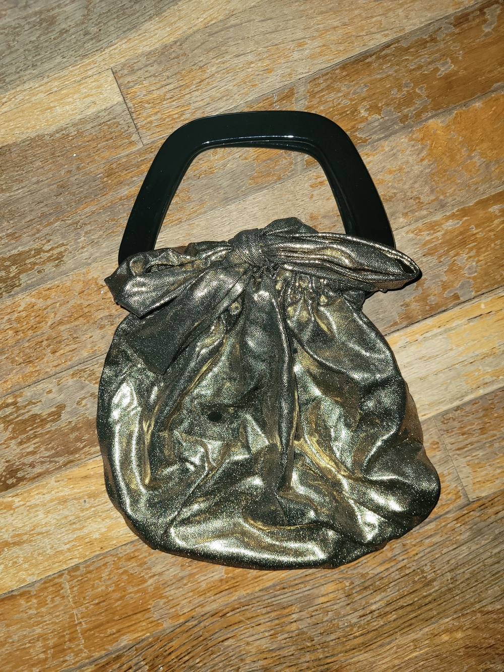 Vintage Gold Metallic Bag with Black Handle & Bow